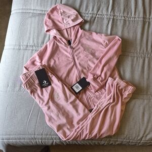 Girls Converse Light Pink Zip Velor Hoodie and Jogger Set